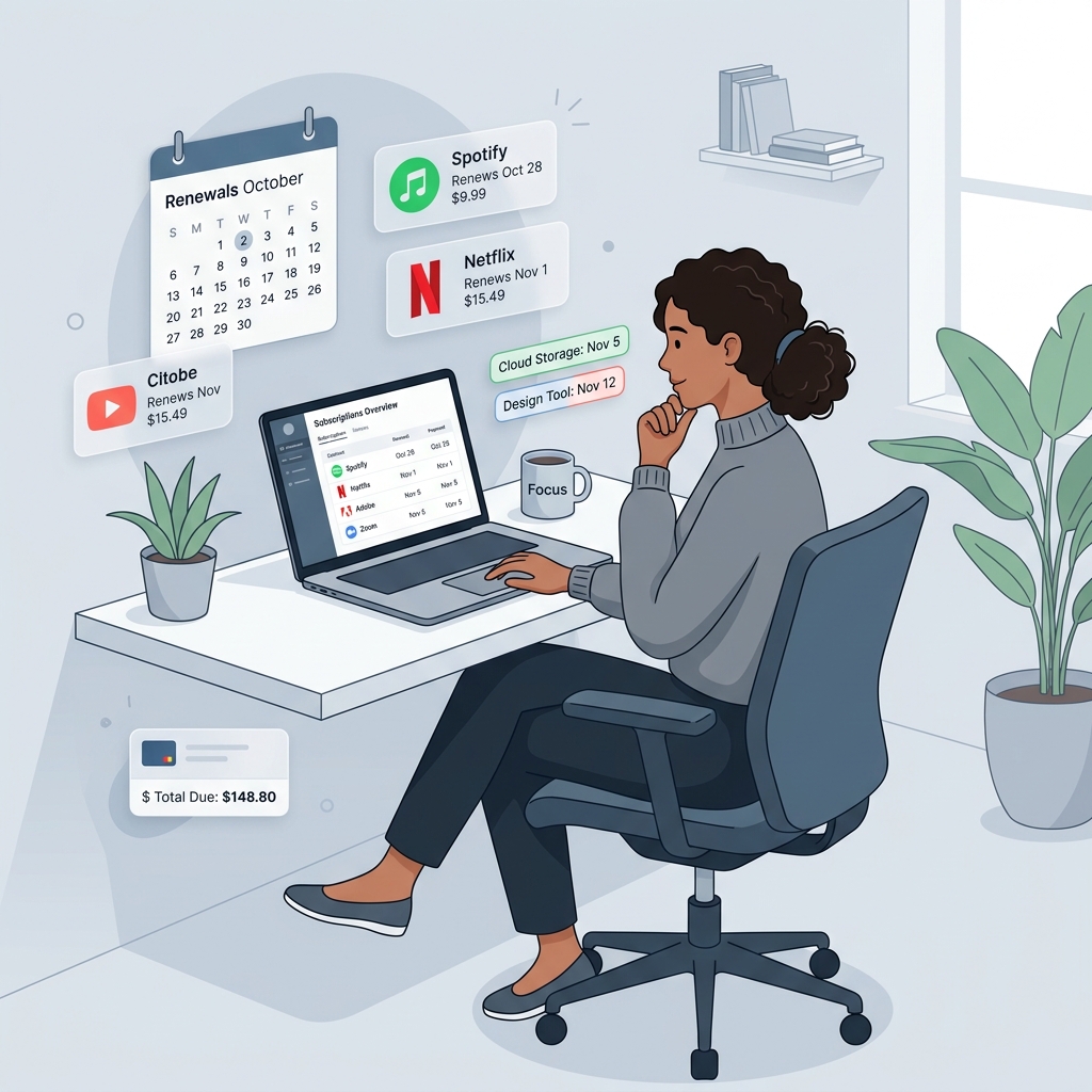 Person sitting in front of computer calmly tracking upcoming subscriptions and bills